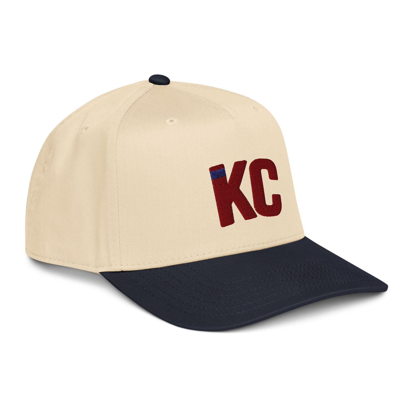 Two-tone natural and navy mid-profile snapback side view