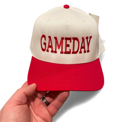 White and Red snapback hat with gameday embroidered