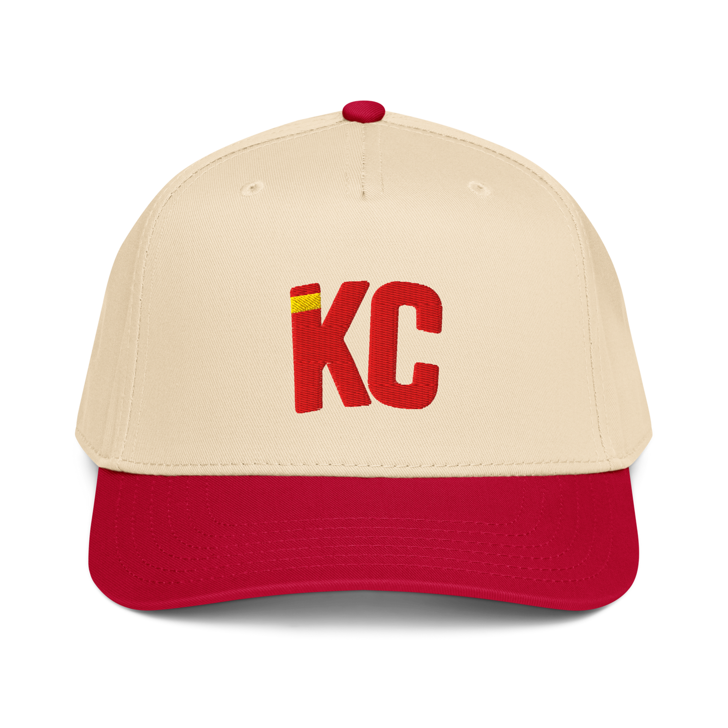 Beige and red baseball cap with 'KC' logo on a white background