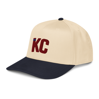 Two-tone natural and navy mid-profile snapback side view
