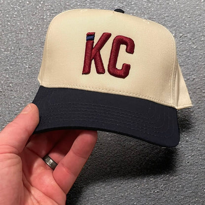 KC Beige Hat with Navy Brim and Maroon Embroidery